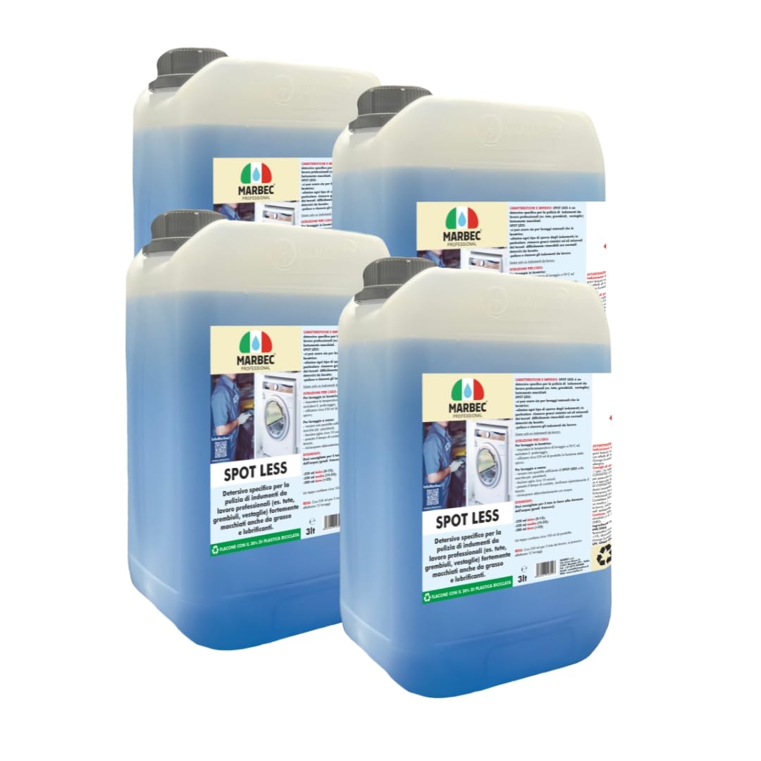 MARBEC SPOT LESS 3LTX4PZ Detersivo specifico per la pulizia degli indumenti da lavoro, soprattutto quelli molto sporchi da grasso e da lubrificanti.