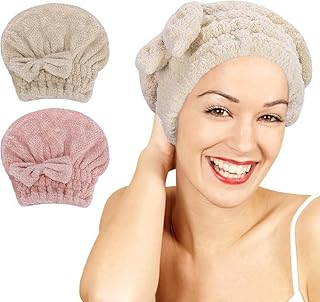 منشفة شعر من المايكروفايبر بتصميم قبعة ملليلتر فوفة بفيونكة تعمل على تجفيف الشعر المبلل بسرعة قطعتان ألياف دقيقة وردى-كاكى مقاس واحد