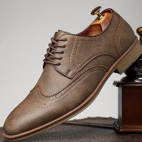 Men's Brogue Wingtip Dress Oxford Shoes Retro Round Head Stitching Two-Color Perforated Lace-Up Chunky Heel Business Formal Shoes Casual Comfortable Work Shoes3