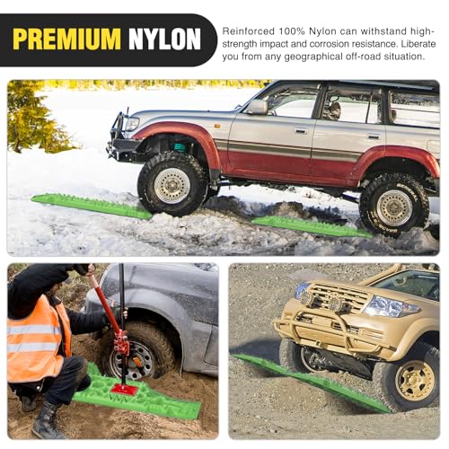 Image of Nilight Recovery Off-road Traction Boards with Jack Lift Base Emergency Tire Ladder Mats For 4WD 4X4 Mud Sand Snow with 2PCS Mounting kit Carry Bag 2 leashes (Green)