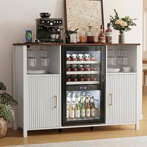 Ludatido 53'' Large Coffee Bar Cabinet with Power Outlet, Mini Fridge Cabinet with Adjustable Shelf Glass Holder, Liquor Wine Bar Storage, Fluted Buffet Sideboard Table for Kitchen Dining Ro