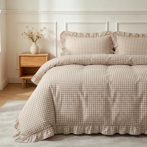 Image of Nayoroom Gingham Duvet Cover Queen Size Tan Brown Ruffle Plaid Checkered Duvet Cover 3 Pieces Soft Washed Microfiber Vintage Farmhouse Dorm Bedding Set Gifts for Women Men