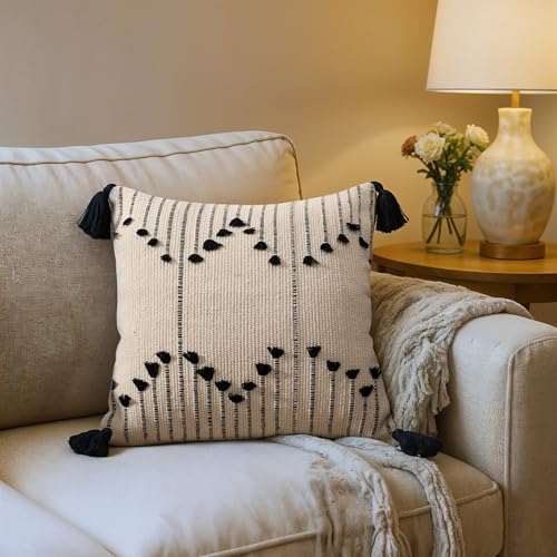 Image of Wakefit Designer Cushion Cover | 16x16 inch| Cotton Fabric on Front & Back | Tassel Drip | Pack of 1 | Off White and Black