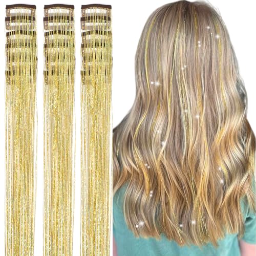 Aokomisu Hair Tinsel Pack of 18 Pcs Hair Tinsel Clip in 20 Inch Clip in Tinsel Hair Extensions Glitter Fairy Hair Clips Dazzle Hair Accessories for Girls Kids Women (Gold-18 Pcs)