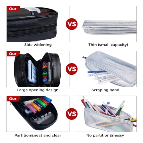 Image of Fmeida Clear Pencil Case - Upgraded 4 Compartment Pencil Pouch, Waterproof Adult Pencil Bag Aesthetic Marker Pouch Stationary Bag Office Organizer for Office Business Travel - Black PU&PVC