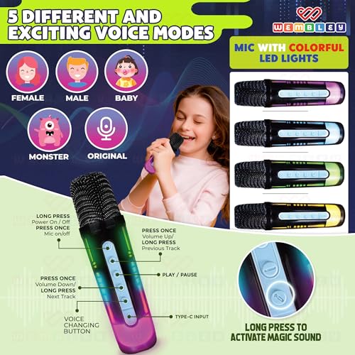 Image of Wembley Karaoke Machine with 2 Wireless Microphone for Adults & Kids | Portable Bluetooth Speaker with RGB LED Lights, HD Sound, 5 Voice Modes & 5W Output | Party Speaker with Wireless Mic