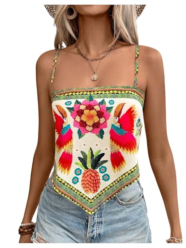SweatyRocks Women's Tribal Floral Print Backless Camisole Tie Knot Sleeveless Vacation Boho Tops