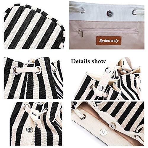 Bydenwely Women's Canvas Summer Tote Bag, Striped Hobo Purse, Small Black - image 5