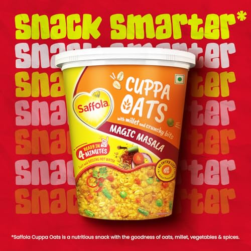 Image of Saffola Cuppa Oats, Magic Masala | Tasty Mazedaar Snack | Just add hot water | Goodness of Jowar & Veggies | No Maida, No Added Preservatives | Helps Manage Weight | 52g (Pack of 3)
