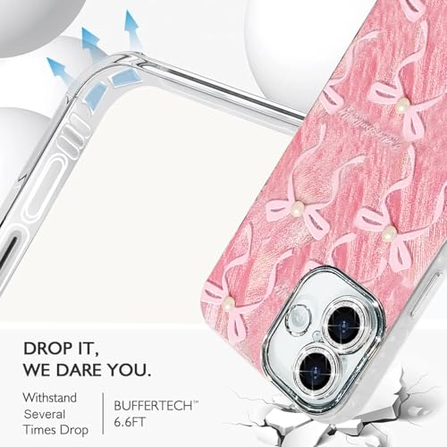 Image of VONZEE Compatible with iPhone 16 6.1'' Case Luxury Pink Girly Cute 3D Bow Pearl Glitter Bling Case with Full Camera Protection Shockproof Case PC+TPU Glossy Shiny Cover for Girls Women, Pink