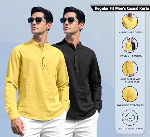 Image of Zombom Combo of Men's Solid Cotton Polyester Blend Full Sleeve Straight Kurta Shirt (Pack of 2)