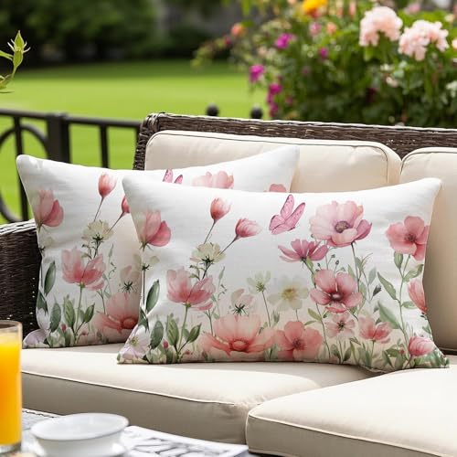 Vorysum Housse de Coussin Imperméable 30x50 cm Extérieur Décoration Double Face Fleurs été - Rose pour Jardin/Piscine/Extérieur - Lot de 2