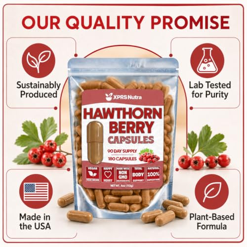 Image of XPRS Nutra Hawthorn Berry Capsules - 180 Count (90 Day Supply) of Premium Hawthorne Berry Capsules for Cardiovascular Support - Vegan Friendly Hearth Health Supplement