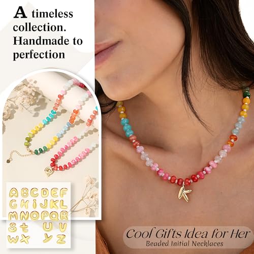 Initial Necklaces for Women, Beaded Necklaces for Women with Bubble Necklace Letter Stocking Stuffers for Teens Trendy Stuff Colorful Gemstone Choker 14k Gold Letter A-Z Pendant Summer Beach Christmas Birthday Jewelry for Her Girlfriend Sister