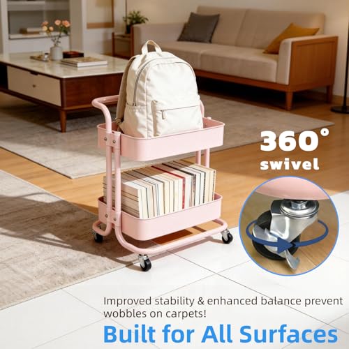 Image of 2 Tier Short Rolling Cart with Wheels All-Metal Pink Pantry Storage for Kitchen,Under Desk Trolley with Handle Small Wheeled Storage Cart for Laundry Room Bathroom, Under Table Small Space