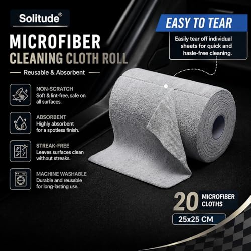 Image of Solitude 20 Pack Microfiber Cleaning Cloth Roll | Reusable Tear Away Towels 25x25 cm | Lint-Free for Car & Home Cleaning Cloth
