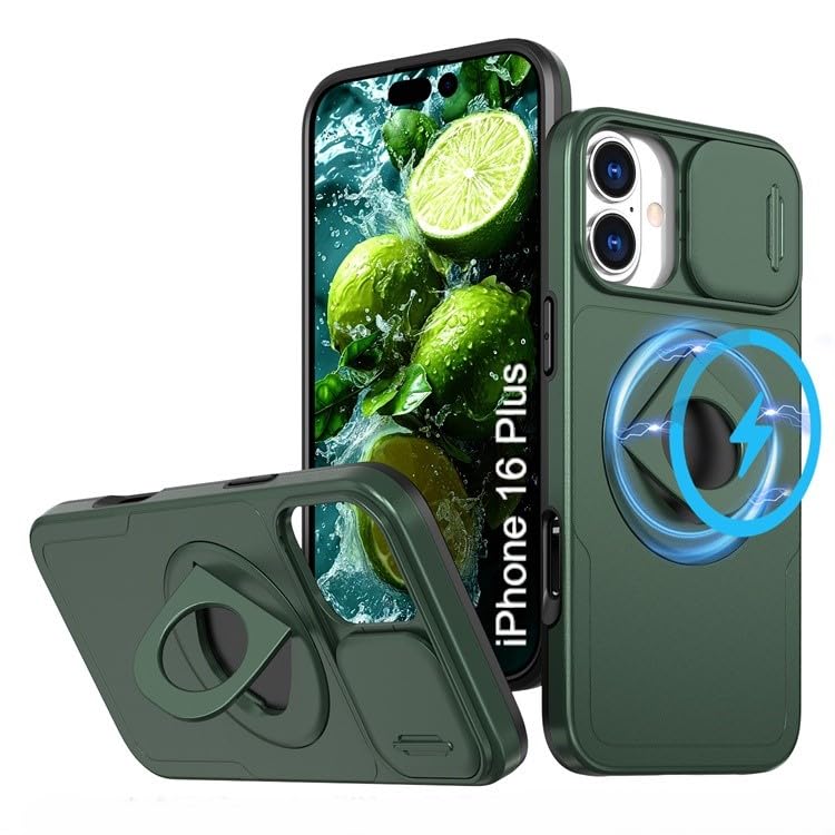 Image of LuxuryKase MagSafe Shockproof Rugged Back Case for iPhone 16 Plus | Finger Ring Kickstand & Sliding Camera Cover | Military Drop Protection | Wireless Charging Support - Dark Green