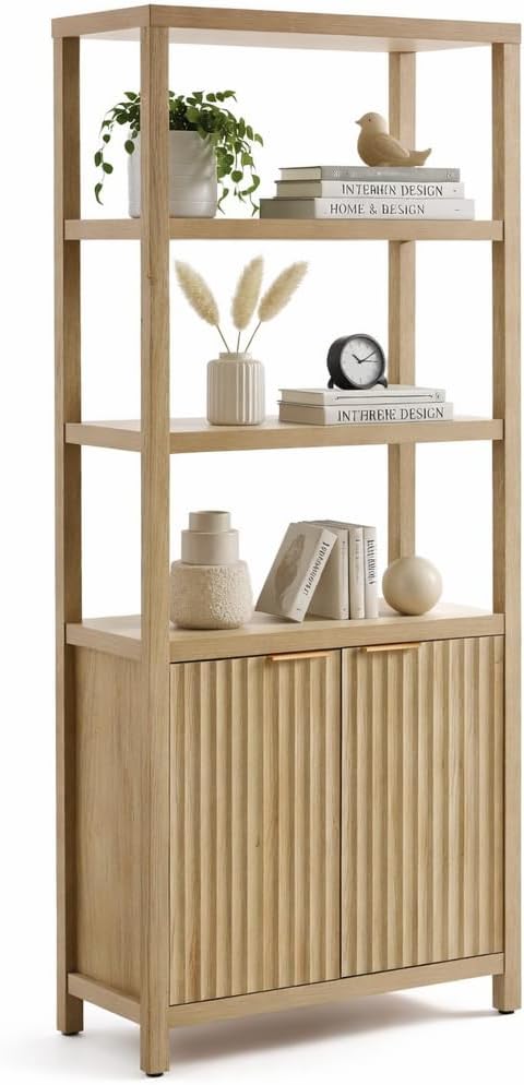 OAKHAM HOME 71" Tall Fluted Bookshelf with Cabinet, 5-Tier Large Bookcase with Adjustable Shelves and Doors, Storage Book Shelf for Living Room, Bedroom, Office (Golded Oak, 1PCS)