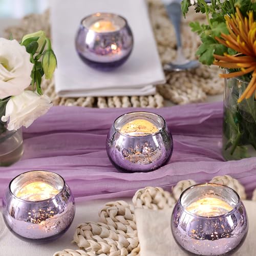 Volens Round Purple Votive Candle Holders Set of 12, Purple Wedding Centerpiece Table Decorations, Mercury Glass Tealight Candle Holder for Bridal Shower, Baby Shower & Home Decor - Thumbnail 3