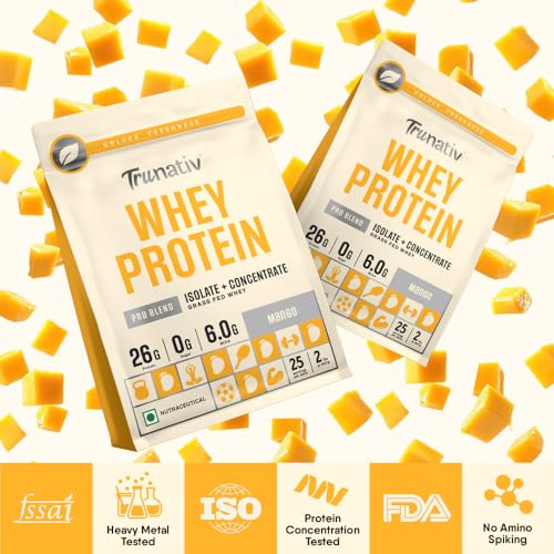 Image of Trunativ Pro Blend Whey Protein Powder Isolate & Concentrate | 100% Light & Clean Protein Powder | 26g Protein | 6g BCAA | 12.52g EAA | No added sugar | Mango 2lbs (907g)