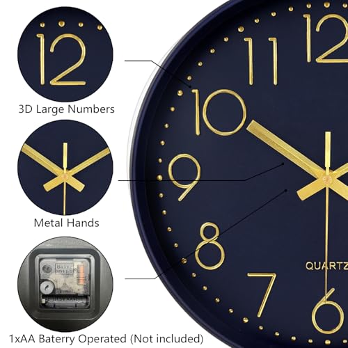 Image of Modern Silent Wall Clock, 12 Inch Wall Clocks Battery Operated Large Number, Non-Ticking Analog Clock with Tempered Glass Quartz Clocks for Living Room Bedroom Office Kitchen, Navy Blue
