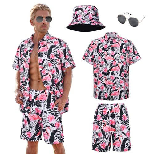 Marypaty Camisa Hawaiana Hombre Camisa de Playa Camisas Causal de Verano para Hombre Pantalones Cortos Conjunto Sombrero Gafas de para El Sol