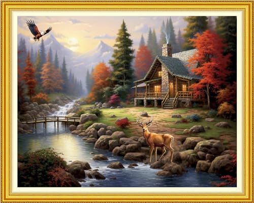 Image of Funchey Stamped Cross Stitch Kits, DIY Cross Stitch Pattern for Adults Beginners Needlepoint Kits Embroidery Kit Arts and Crafts 11CT-Country Villa 16x20 inch