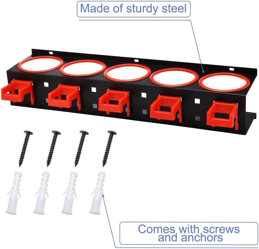 JSCARLIFE Wall Mounted Spray Bottle Organizer Rack - Heavy Duty Metal Storage with 5 Holes  5 Hooks, for Auto Detailing Tools, Cleaning Supplies  Gardening Equipment