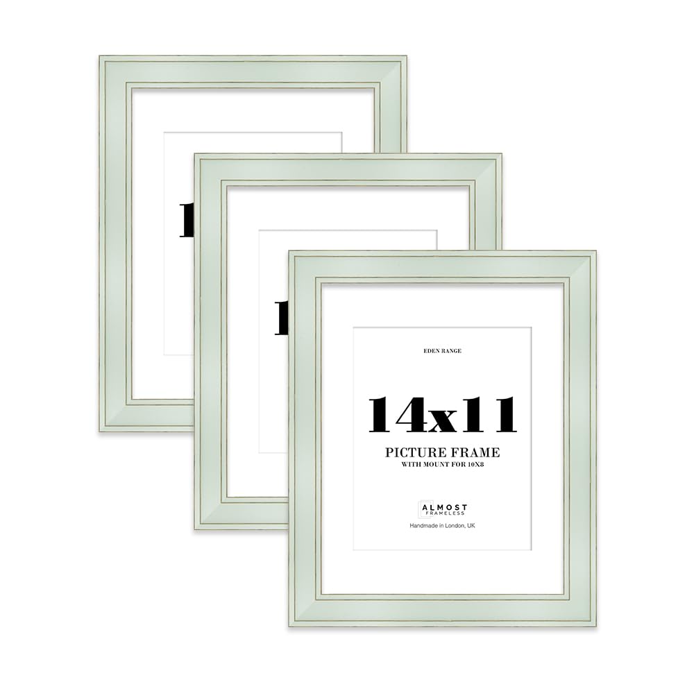 14x11" Sage Green Picture Frame with 10x8" Mount - Shabby Chic Photo Frame with Distressed Finish, Gold Trim, Wall Hooks and Kickstand, 37mm Edge - 3 Pack