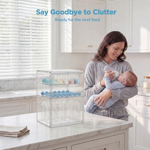 Image of HBlife Baby Bottle Storage Organizer for Countertop Cabinet, 3 Tiers Adjustable Clear Acrylic Bottles Storage Station Case Box Container with 2 Removable Dividers and Magnetic Door, X-Large