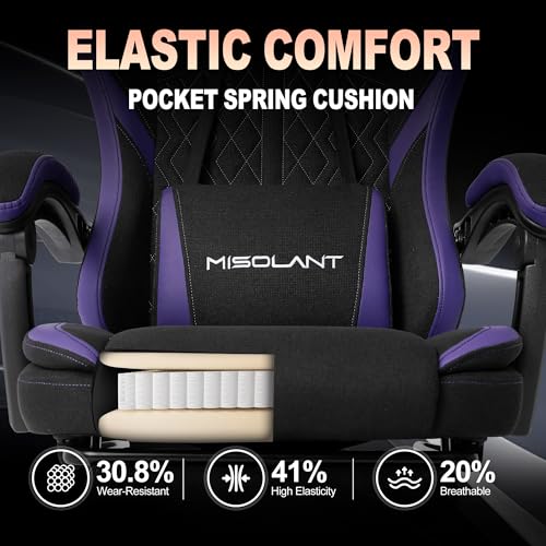 Image of Misolant Gaming Chair, Fabric Gamer Chair with footrest for Adults, High Back Ergonomic Computer Game Chair with Adjustable Headrest and Massage Lumbar Support, 90-155 Recline Free, Purple