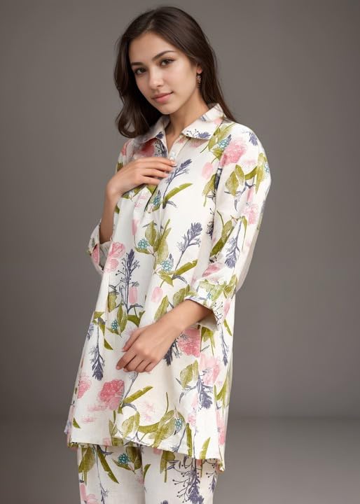 Shienzy Stylish Printed Cotton Blend Co Ord Set For Women || Casual & Festive Indo-Western Outfit || Kurta Pant Set (1592Shz_Ofwt_Xl) Off White