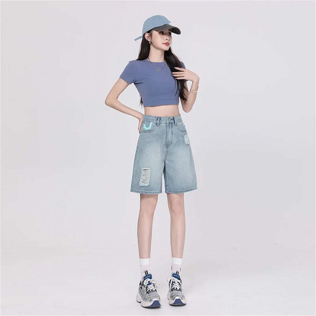 Damskie luźne spodenki dżinsowe w młodym stylu High Street Vintage Casual szorty wysoka talia lekkie dżinsy