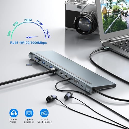 Image of USB HUB USB C Docking Station, Tongtion Laptop Docking Station Triple Monitor with 4K HDMI, VGA, 100W PD, USB-C, Gigabit Ethernet, 3 USB A, Audio, SD /TF (USB C to 12 in 1 with Dual HDMI HUB)