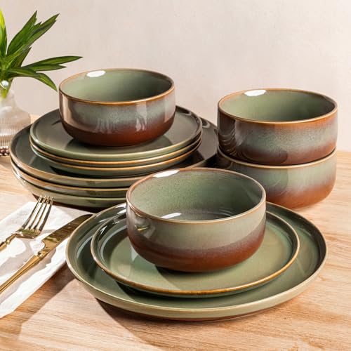 Image of TheTerra Ceramic Dinnerware Sets for 4, 12 Pieces Handmade Reactive Glaze Plates and Bowls Set, Scratch Resistant Dish Set, Oven & Microwave & Dishwasher Safe, Sage Umber | Handmade Reactive Glaze, Scratch Resistant, Oven & Microwave & Dishwasher Safe, Plates and Bowls Set
