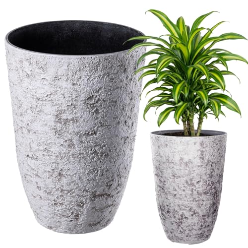 KADAX Macetero Ø 35 x 50 cm, gran maceta de flores con aspecto de piedra realista, maceta de plástico, macetero resistente a la intemperie para el balcón (Blanco)