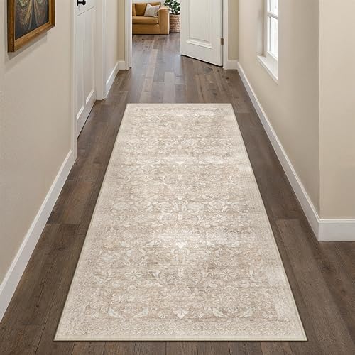 Beige Runner Rug 2x6 Washable Neutral Hallway Kitchen Carpet Vintage Non Slip Indoor Low Pile Soft Thin Retro Floral Accent Throw Long Rug for Bathroom Office Laundry Dining Living Room 2' x