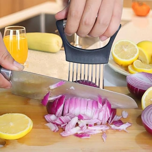 JAYVAR Onion Holder for Slicing, Onion Cutter Vegetable Chopper, Stainless Steel Tomato Slicer Vegetable Cutter for Potato, Avocados, Eggs, Food Slicer Assistant Tool for Fruit Lemon and Meat