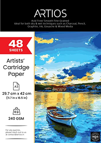 Image of ARTIOS Mixed Media Cartridge Paper A3 240 GSM - 48 Drawing Sheets for Artists, Ideal for Charcoal, Graphite, Acrylic, Watercolor, Gouache, Ink, & Other Mixed Media