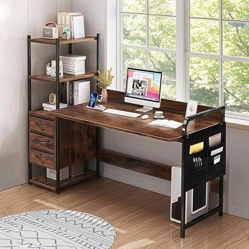 Reviews de Oficina Escritorio para comprar hoy. 46 Escritorio Con Cajones y Repisas120x50CM Escritorio Para Computadora Minimalista Escritorio Esquinero Con Estante De 4 Niveles y 3 Cajones Mesa Escritorio Grande Para Oficina,Sala...