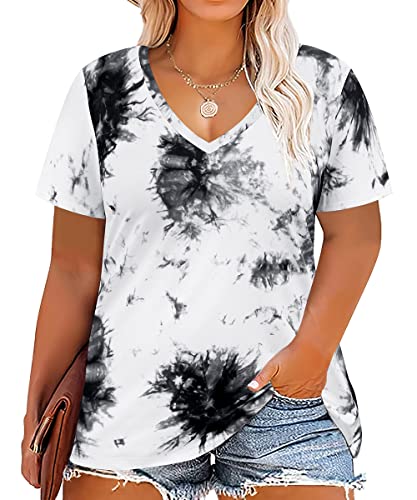 Image of RITERA Women Plus Size Tops Tie Dye V Neck Shirt Floral Camo Summer Short Sleeve Tunic Oversized Ladies Blouse XL-5XL