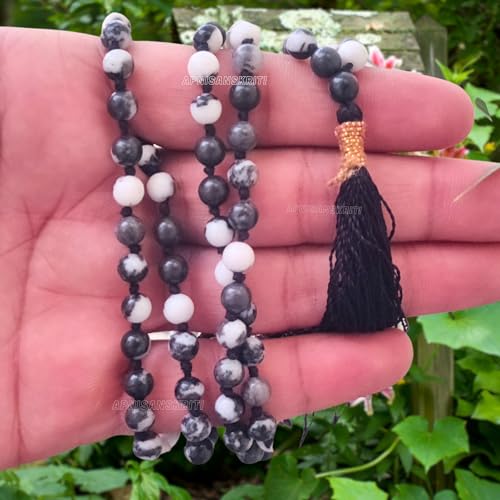 Image of Apnisanskriti Premium Zebra Jasper Stone Mala for Men and Women (6mm, AAA Quality, Lab Certified, 108+1) - Natural Stone Beads Mala - Black & White Bands Colour - Pack of 1
