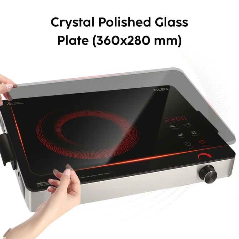 Hands demonstrating the crystal polished glass plate of the Glen Infrared Cooktop