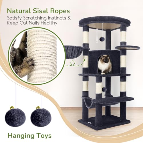 Image of Globlazer Corner Cat Tree Tower for Indoor Cats, 51in Multi-Level Cat Condo Tower with Large Hammock, 7 Sisal Scratching Posts, Oversized Top Perch, Spacious Cat Cave, Hanging Basket, C51, Dark Grey