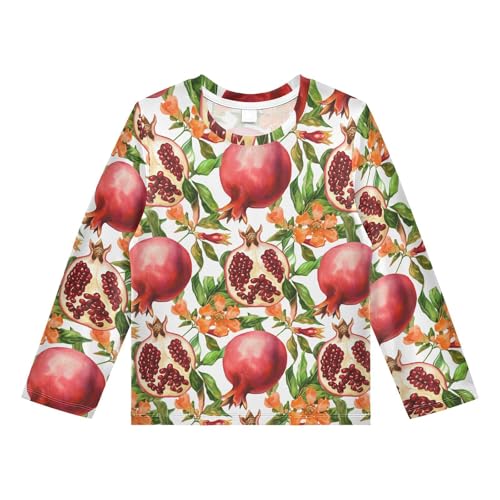 DOMIKING Pomegranate Flower Green Leaves Boys Long Sleeve Rashguard Shirt Kids Quick Dry Swim Shirt for Running Swiming Pool 9-10T