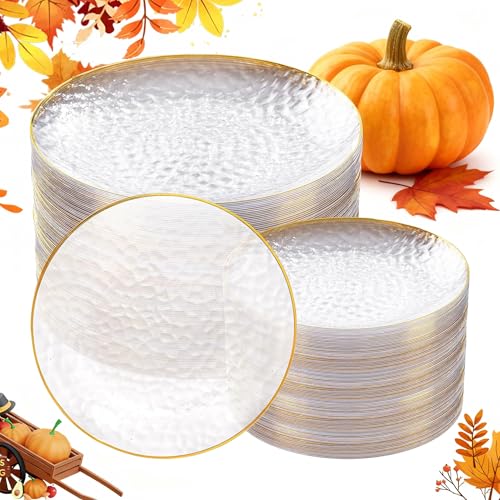 Rubtlamp 100Pcs Clear Gold Plastic Plates, Disposable Plates With Gold Rim, Heavy-duty Party Platos, Hammered Plastic Plates Include 50 Clear Dessert Platos, 50 Dinner Platos for Thanksgiving Rubtlamp 100Pcs Clear Gold Plastic Plates, Disposable Plates With Gold Rim, Heavy-duty Party Platos, Hammered Plastic Plates Include 50 Clear Dessert Platos, 50 Dinner Platos for Thanksgiving