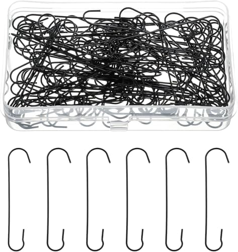 Christmas Ornament Hooks 200pcs 2.36x0.51 inch C Shaped Christmas Tree Ornament Hooks Bendable Metal Hangers with Storage Box, for Party Decoration Art Craft (Black)