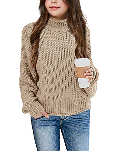 Imily Bela Girls Turtleneck Sweaters Kids Batwing Sleeve Knit Clothes Chunky Pullover Jumper Khaki