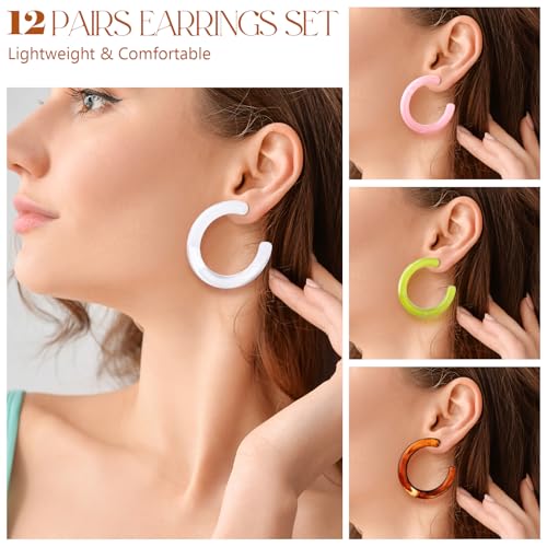 12 Pairs Acrylic Resin Hoop Earrings Set for Women Vintage Colorful C-shaped Hoop Earrings Acetic Acid Board Jewelry Gifts Fashion Accessories3