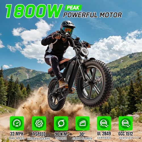 Image of SISIAGD Electric Bike for Adults,Peak 1800W Ebike,48V 15 /30Ah Waterproof Removable Battery,70-130 Miles,7 Speed,32 MPH Max,20 inch E Bike for City Commuting,Off-Roading,Mountain,UL 2849 Certification